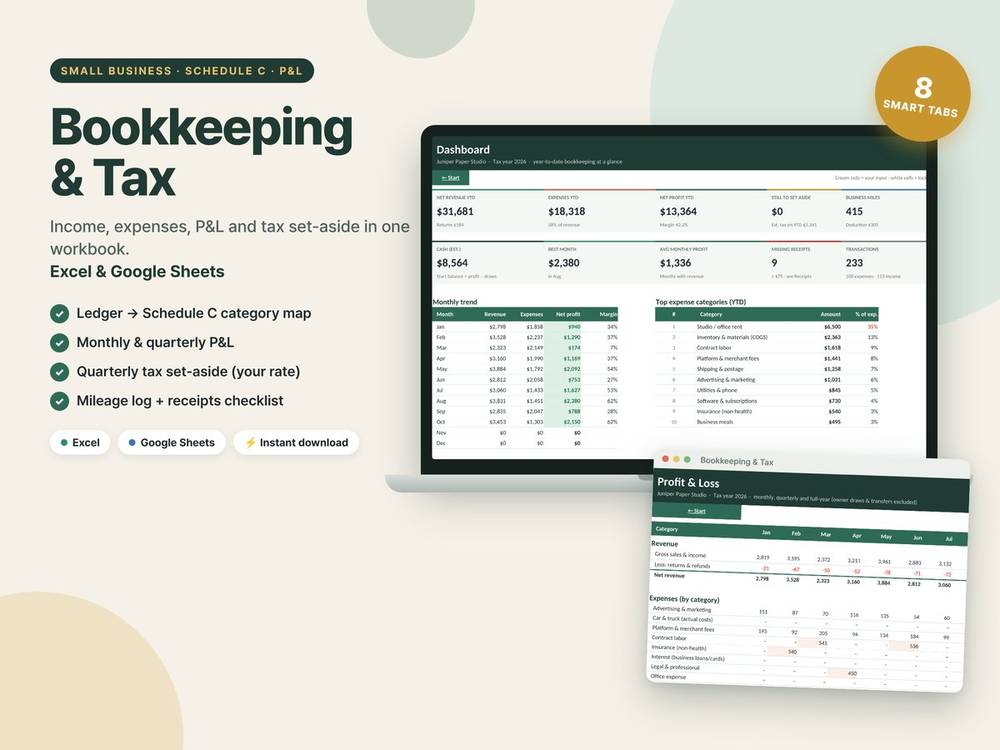 Small Business Bookkeeping & Tax Dashboard template preview