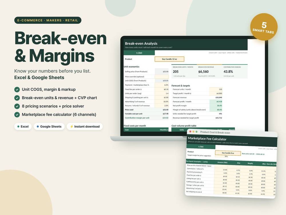 Product Cost & Break-even Calculator template preview