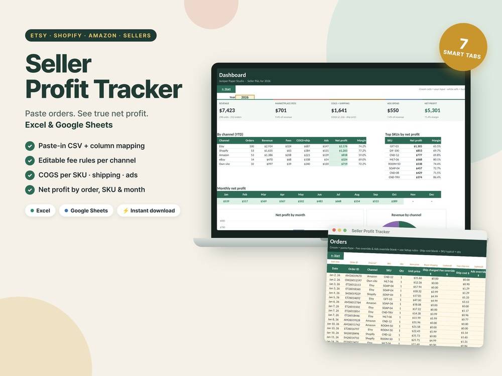 Etsy / Shopify / Amazon Seller Profit Tracker template preview