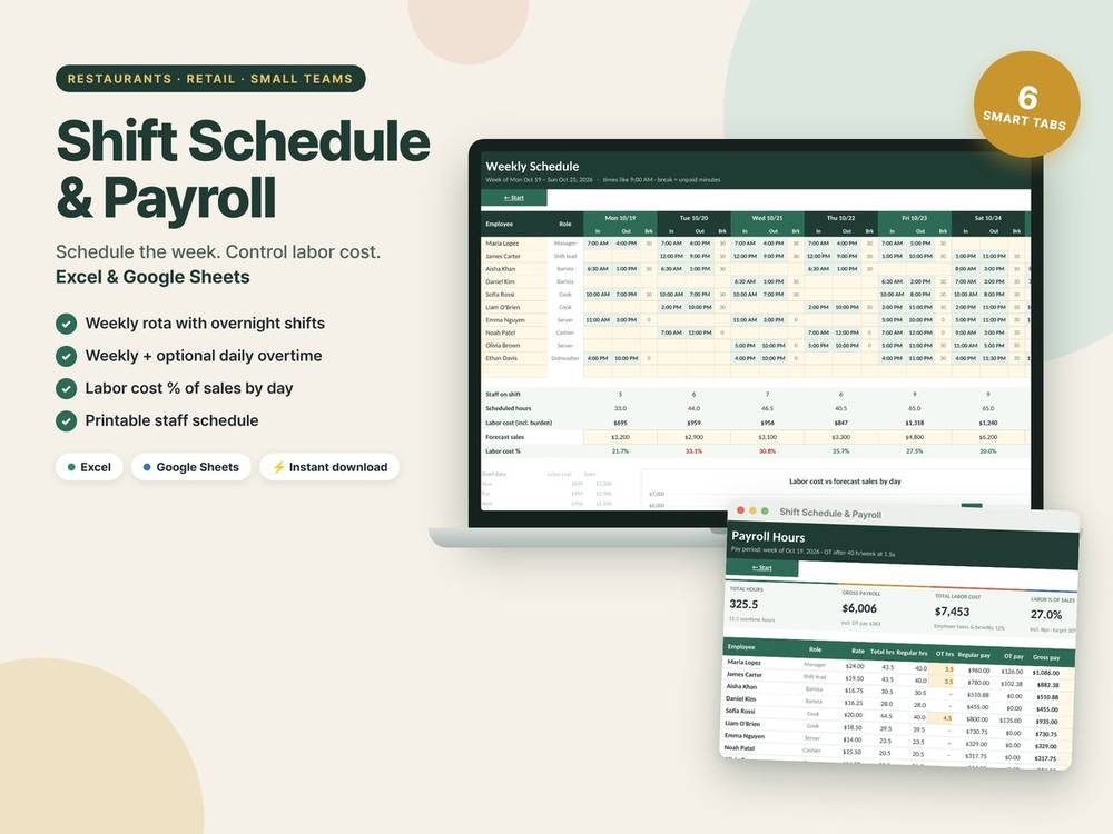Employee Shift Schedule & Payroll Hours template preview